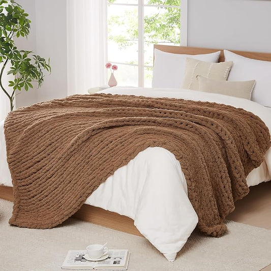 L'AGRATY Chunky Knit Blanket Throw - Soft Chunky Throw Blanket 30x40 inches: 100% Hand Kintted Chenile Crochet Throw Blanket for Couch - Large Cable Knit Chunky Blanket for Home Decor(Brown)