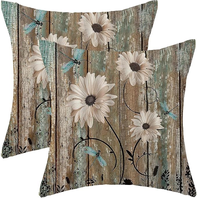 CXMEIFLY Spring Floral Pillow Covers 18 x 18 Inch Set of 2 for Brown Wood Texture Daisy Flowers Decor Throw Pillows Dragonfly Plant Floral Outdoor Decorative Cushion Cases for Couch Bed Decorations