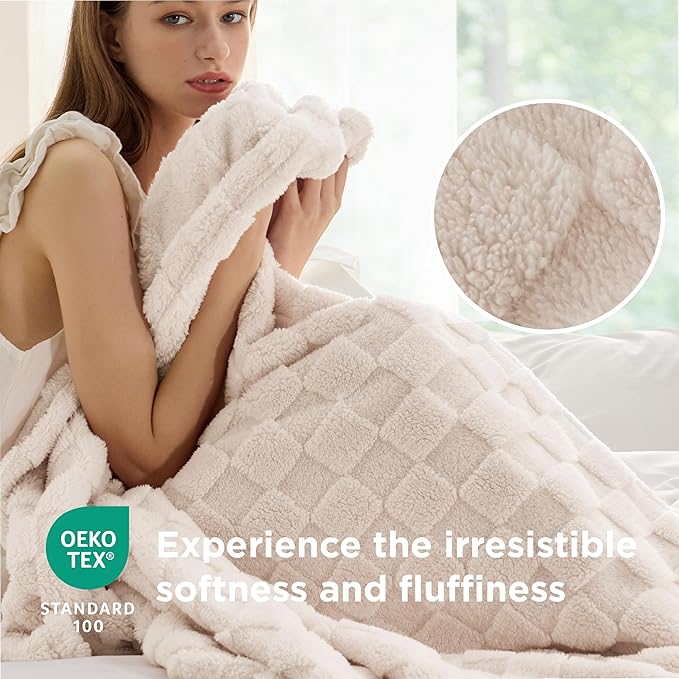 Bedsure GentleSoft Blankets Queen Size for Bed - Super Soft Cozy Blanket for Women Men Girls, Large Fuzzy Fleece Throw for Bedroom Decor, Light Beige, 90x90 Inches