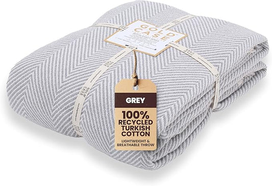 Gold Case Throw Blanket for Bed – 100% Recycled Turkish Cotton Bed Blanket – Decorative Throw Cotton Blankets for Living Room & Bedroom – Elegant Grey Woven Queen Blankets – 90x90