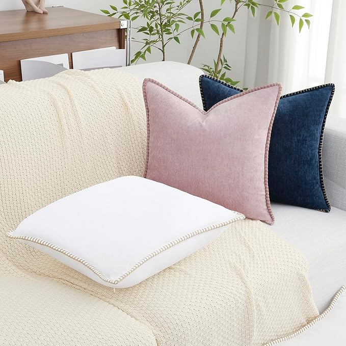 decorUhome Chenille Soft Throw Pillow Covers 26x26 Set of 2, Farmhouse Velvet Neutral Decorative Euro Pillow Covers with Stitched Edge for Couch Sofa Bed Home Decor, White