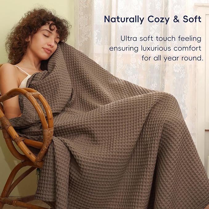 PHF Ultra Soft Waffle Weave Blanket Queen Size 90"x 90"- Washed Lightweight Breathable Cozy Woven Blanket for Bed - Aesthetic Decor for Couch Bedding Sofa Home Car - Cocoa Brown