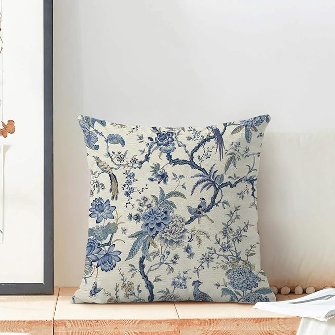 CXMEIFLY Spring Floral Birds Pillow Covers 18 x 18 Inch Set of 2 for Chinoiserie Flowers Decor Throw Pillows Blue and White Plant Outdoor Decorative Cushion Cases for Couch Bed Decorations