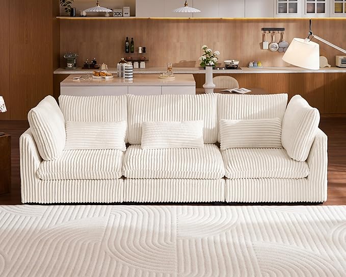 Oversized Modular Sofa, Extra Deep Cloud Corduroy Sectional Couch with Ottoman Chaise, Fluffy Chenille 3 Seater Sofa for Living Room, Villa (Basic 3 Seater, Corduroy White)