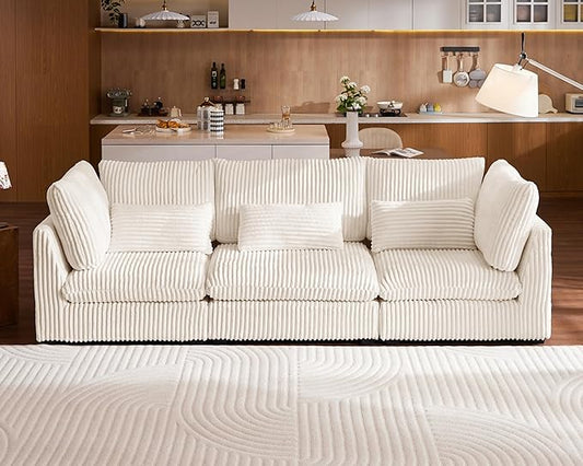 Oversized Modular Sofa, Extra Deep Cloud Corduroy Sectional Couch with Ottoman Chaise, Fluffy Chenille 3 Seater Sofa for Living Room, Villa (Basic 3 Seater, Corduroy White)