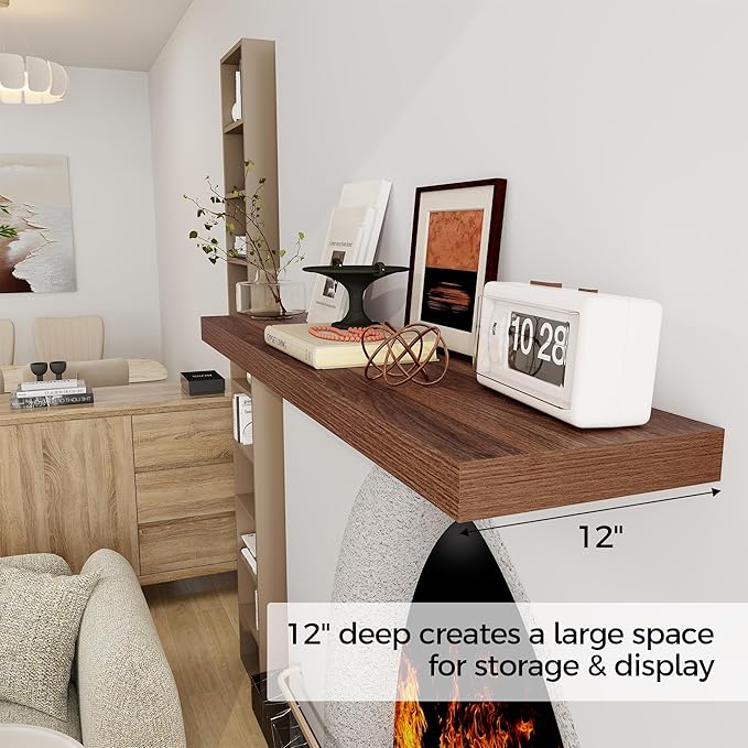 Floating Shelves 48 Inch Long, 12 Inch Deep Floating Shelves for Wall, 48 x 12 Large Wall Shelves for Home Storage & Display, 2" Thicked Floating Shelf for Bedroom, Living Room, Walnut Color, 1 Pack