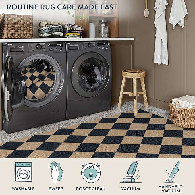 Lahome Checkered Easy Jute 3x5 Outdoor Patio Rug, Washable Rugs for Entryway Diamond Indoor Outdoor Living Room Carpet, Farmhouse Neutral Non Slip Black Door Carpet for Backyard Bedroom