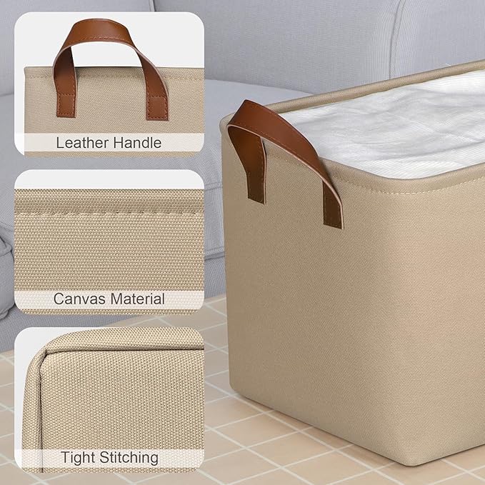 KEEGH Storage Baskets for Organizing, Fabric Storage Bins for Shelves with Leather Handle, Shelf Baskets for Closet Organization, 15" L x 11" W x 10" H, Brown, 4 Pack