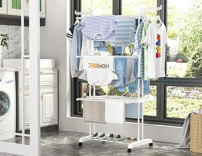 HOMIDEC Clothes Drying Rack, Large 4-Tier Foldable Drying Rack Clothing(67.7H x 19.7W x 30L Inches), Movable Drying Rack with 4 castors. Multifunctional Stainless Steel Laundry Drying Rack, White