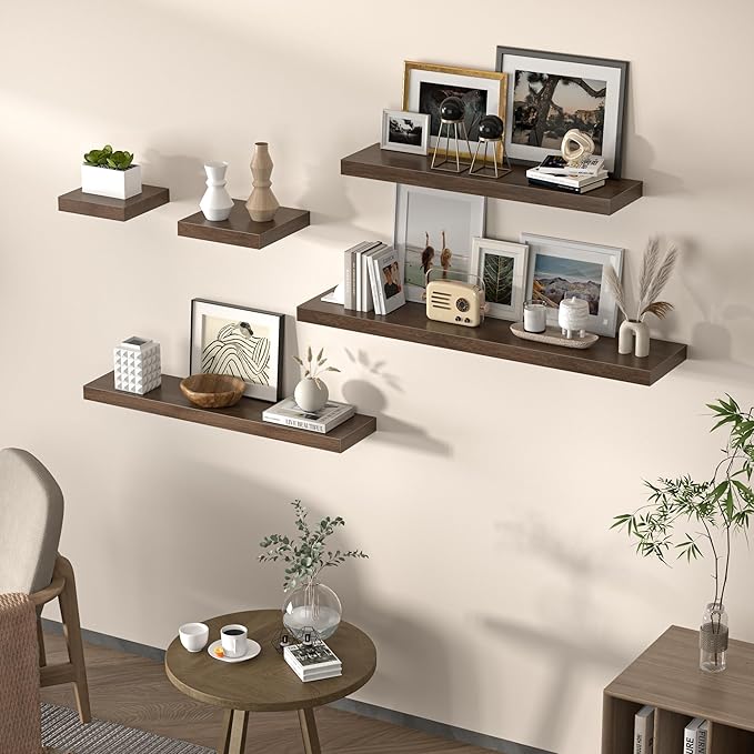 Square Floating Shelves for Wall, 12" W x 12" D x 1.2" H, Small Wooden Wall Mounted Display Shelves with Invisible Brackets for Living Room, Bedroom, Bathroom, Kitchen Decor, Set of 3, Walnut