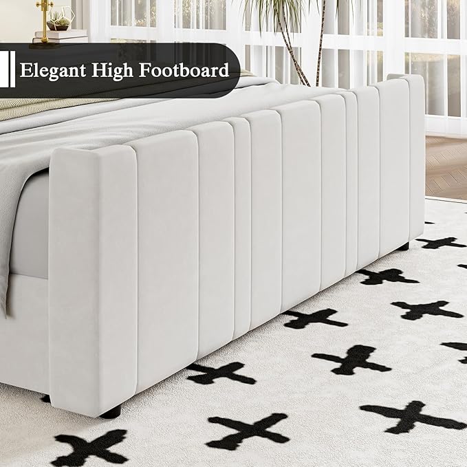 HOMBCK Full Bed Frame Upholstered Bed with Vertical Channel Tufted Headboard & Footboard/Wooden Slats/No Box Spring Needed/Easy Assembly, Cream