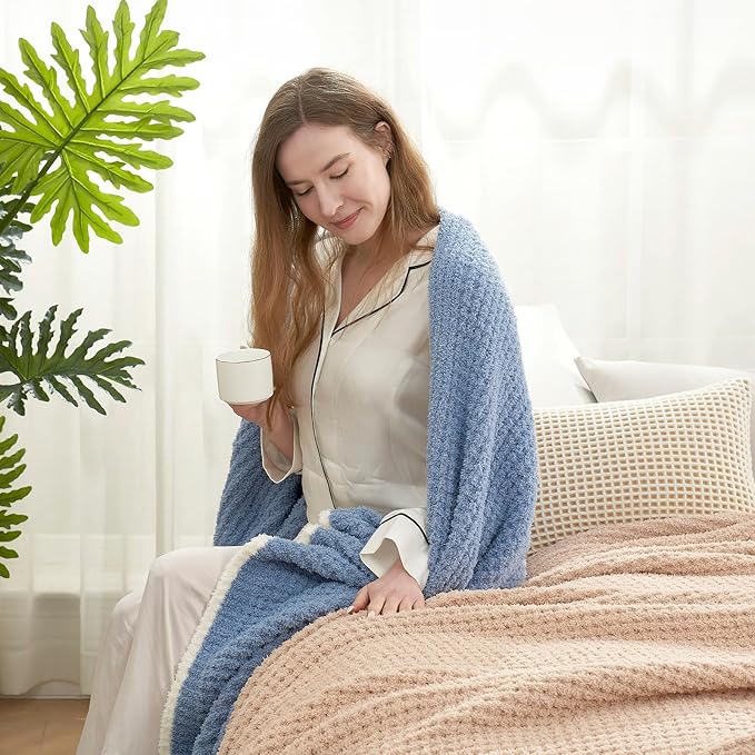 Snuggle Sac Ultra Soft Waffle Throw Blanket for Couch Bed Sofa 50x60 inches, Reversible Blue Blanket Microfiber Fluffy Fuzzy Cozy Knit Throws for Women Mothers Birthday Gifts