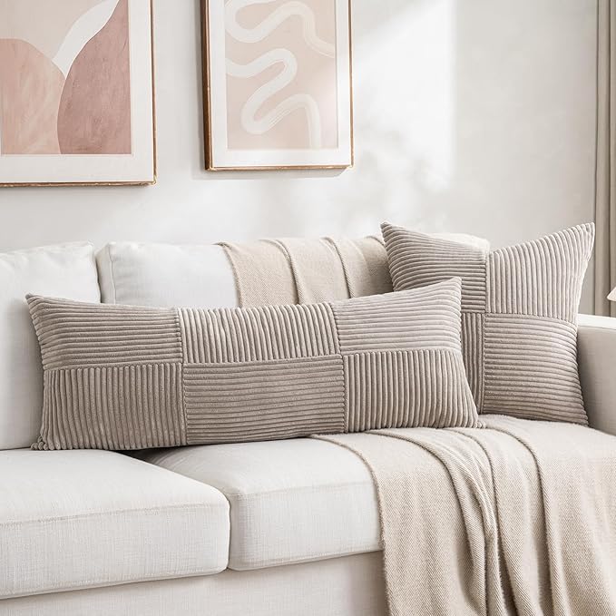 Fancy Homi Set of 2 Neutral Taupe Boho Long Lumbar Body Decorative Throw Pillow Cover 14x36 Inch for Bed Couch Bedroom Bench, Soft Patchwork Corduroy Textured Pillow Case, Farmhouse Room Decor