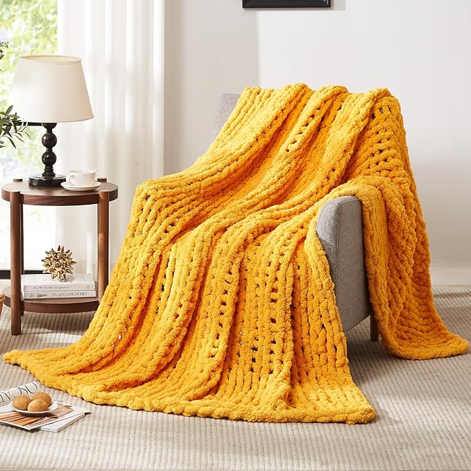 L'AGRATY Chunky Knit Blanket Throw: 72''x84'' Chenille Chunky Knitted Throw Blanket for Bed Couch - Handmade Thick Big Cable Knit Blanket - Large Chunky Crochet Rope Blanket for Home Decor(Yellow)
