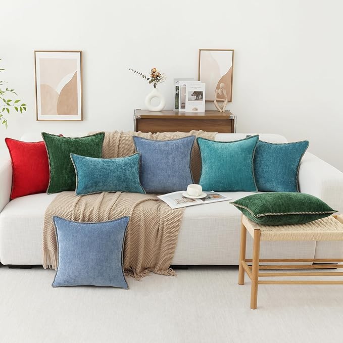 decorUhome Chenille Soft Throw Pillow Covers 22x22 Set of 2, Farmhouse Velvet Neutral Decorative Euro Pillow Covers with Stitched Edge for Couch Sofa Bed Home Decor, Turquoise