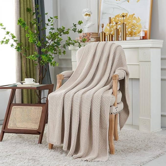 Longhui bedding Chunky Cable Knit Throw Blanket Lightweight Beige 100% Organic Cotton Blanket for Sofa Couch Bed Baby Nursery, Rustic Shabby Chic Modern Farmhouse, 51” x 63” Give Laundering Bag