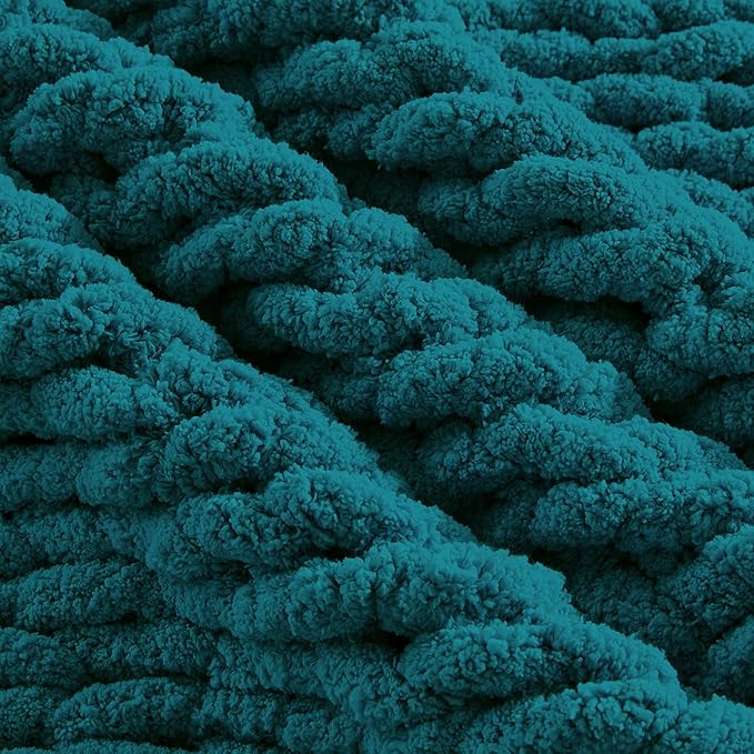 Carriediosa Chunky Knit Throw Blanket 50" X 60", 100% Hand Made Large Chenille Loop Yarn Soft Fluffy Throws for Couch Sofa Bed, Big Crochet Cozy Heavy Thick Cable Woven Blankets, Teal