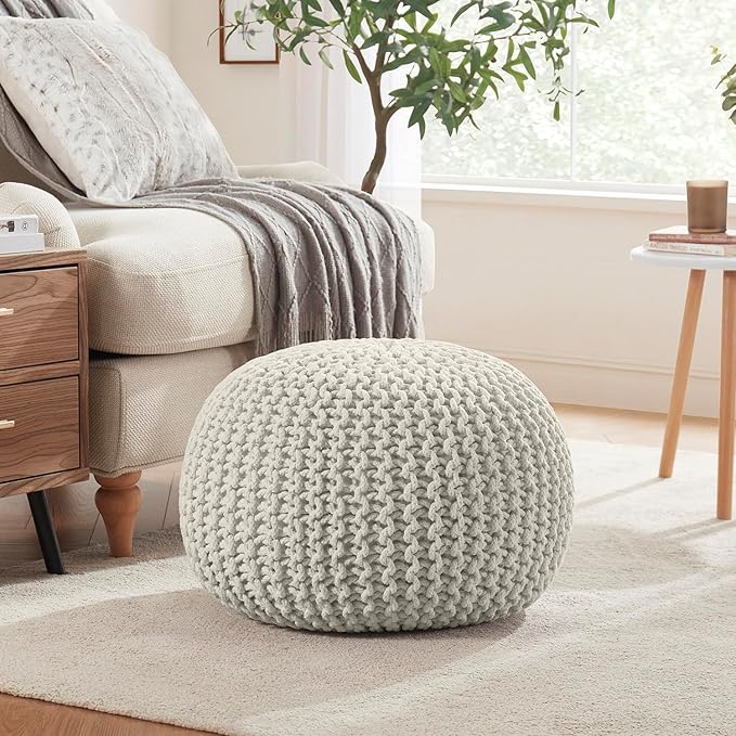 Ornavo Home Pouf Ottoman Foot Rest - 100% Cotton Pouffe - Hand Knitted Cable Braid Cord - Boho Round Stuffed Ottoman for Living Room, Bedroom - Natural