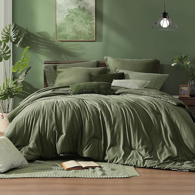 Monbix California King Comforter Set - 7 Pieces Cationic Dyeing Olive Green Bed in a Bag Cal King Bedding Sets with Comforter, Sheets, Pillowcases & Shams, Reversible Bedding Comforters Sets(108 * 92)