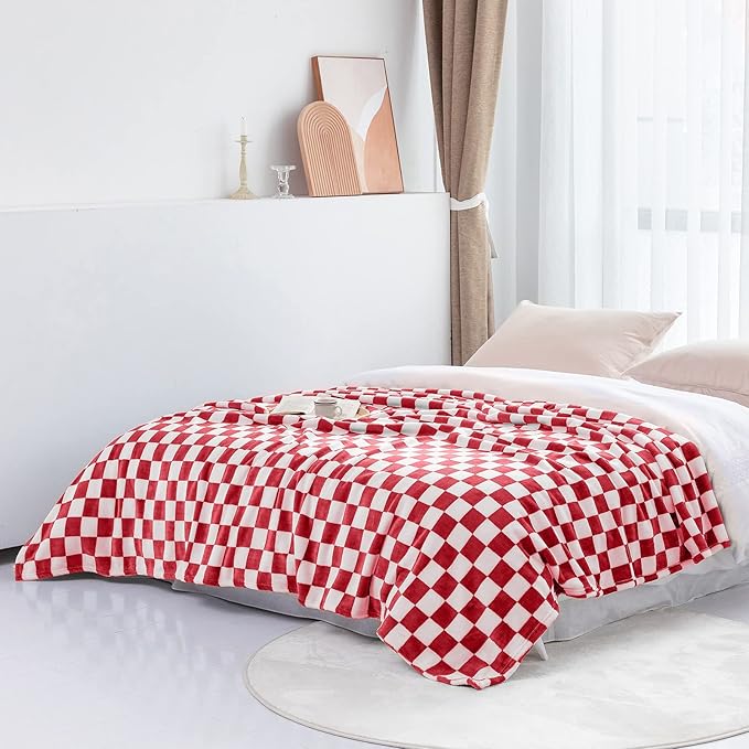 LOMAO Throw Blankets Flannel Blanket with Checkerboard Grid Pattern Soft Throw Blanket for Couch, Bed, Sofa Luxurious Warm and Cozy for All Seasons (Red, 50"x60")
