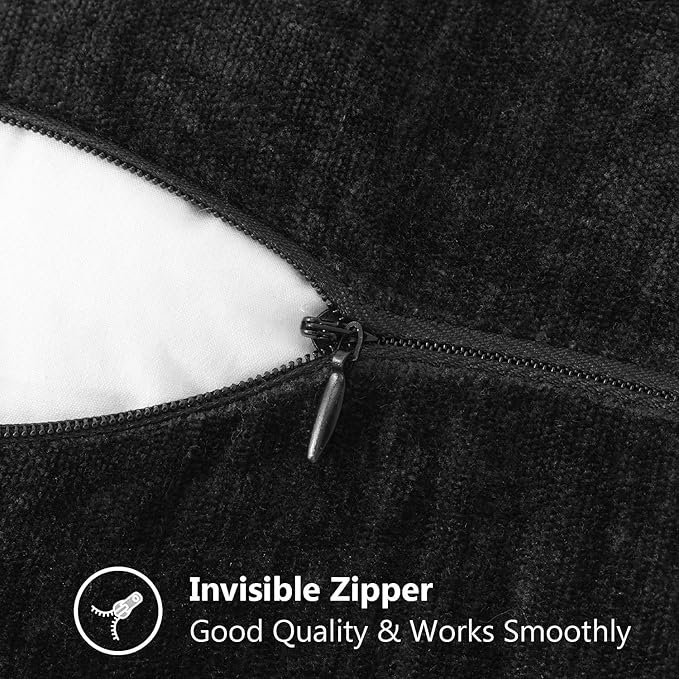 decorUhome Chenille Soft Throw Pillow Covers 12x20 Set of 2, Lumbar Velvet Farmhouse Neutral Decorative Euro Pillow Covers with Stitched Edge for Couch Sofa Bed Home Decor, Black