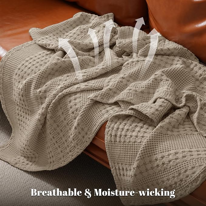 PHF 100% Cotton Waffle Weave Blanket Twin Size, Soft Lightweight Breathable Cozy Summer Blankets for Bed, Luxury Aesthetic Woven Bedding for Home Decor, 66"x90", Simply Taupe