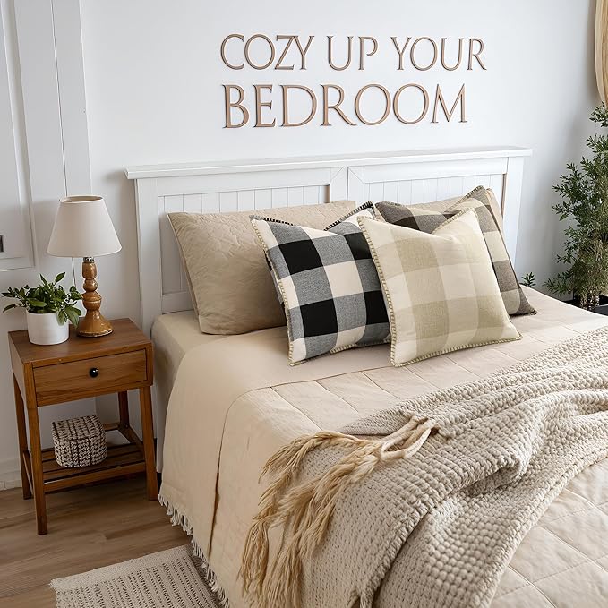 decorUhome Buffalo Plaid Check Throw Pillow Covers 20x20 Set of 2, Outdoor Decorative Farmhouse Neutral Pillow Covers with Stitched Edge for Bed Couch Sofa, Black and White