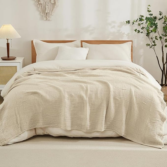 EMME Cotton Blanket King Size for Bed Soft Muslin Blankets 108"x90" Lightweight Breathable Layering Bedspread Coverlet All Season Gauze Blanket, Light Tan