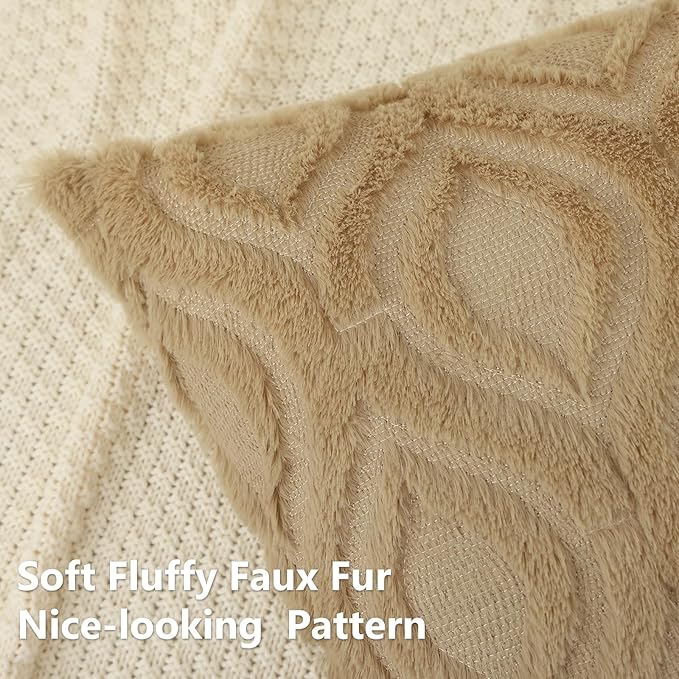 decorUhome Throw Pillow Covers 26x26 Inch Set of 2, Soft Plush Decorative Faux Fur Light Brown Solid Couch Pillow Covers, Accent Farmhouse Neutral Square Euro Pillow Cases for Sofa Bed Living Room