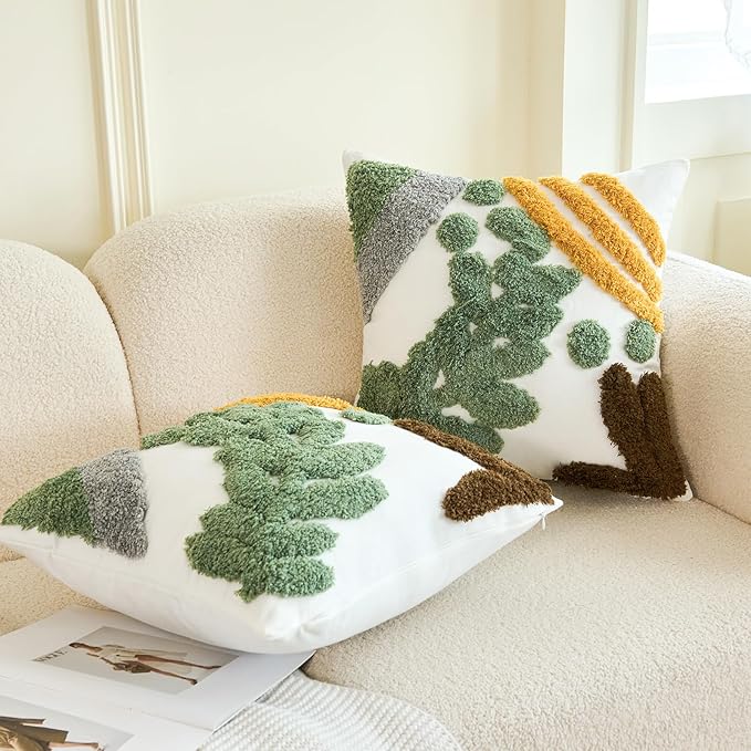 HOdo Home 18x18 Throw Pillow Covers, 2PCS Tufted Boho Jacquard Pillow Covers,Farmhouse Decorative Pillow Cover,Pillow Cases for Couch Sofa Bed Stylish Decor, Simple Textured Cushion Sham