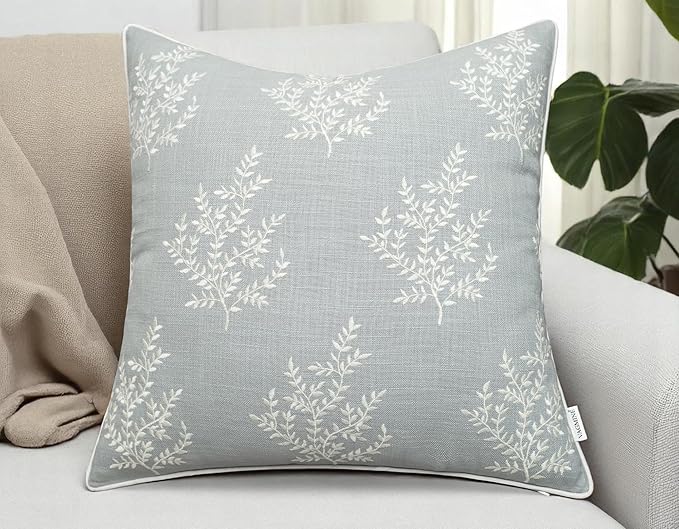 VAGMINE Embroidered Leaves Throw Pillow Cover - 18x18 Inches Square - 100% Cotton Robins Egg Decorative Cushion Cover - Coastal Inspired Leaf Stitch - Stylish Home Accent for Sofa, Couch, Bedroom