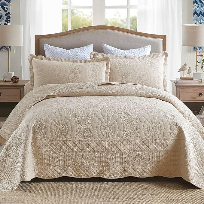 MarCielo 3-Piece 100% Cotton Oversized Bedspread Lightweight Quilt Coverlet Embroidery Farmhouse Bedding (Tf Khaki Beige, Oversized King (118"x106"))