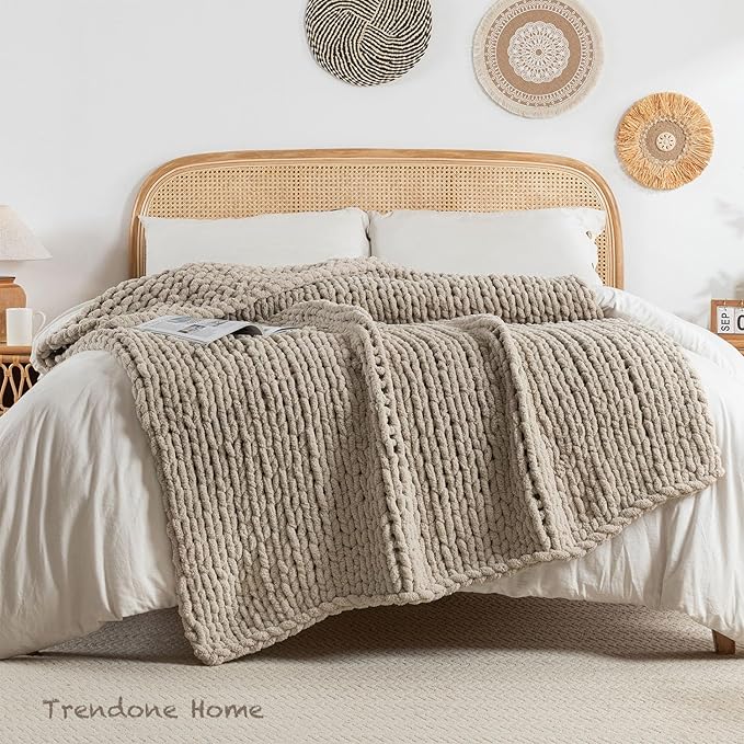 Chunky Knit Blanket Throw, 100% Hand Knit Throw Blanket Handmade Chenille Cable Knit Throw for Couch, Stylish Cozy Soft Rope Knot Crochet Blanket for Home Decor, Beige Linen, 40x50 Inches