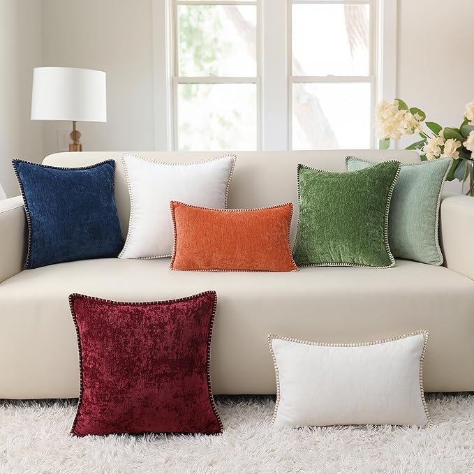 decorUhome Fall Chenille Soft Throw Pillow Covers 20x20 Set of 2, Farmhouse Velvet Neutral Decorative Euro Pillow Covers with Stitched Edge for Couch Sofa Bed Home Decor, Rust