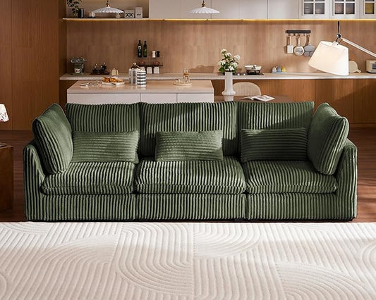 Oversized Modular Sofa, Extra Deep Cloud Corduroy Sectional Couch with Ottoman Chaise, Fluffy Chenille 3 Seater Sofa for Living Room, Villa (Basic 3 Seater, Corduroy Green)