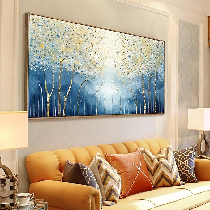 amatop Extra Large Framed Wall Picture for Living Room Abstract Forest Canvas Art Print Modern Landscape Tree of Life Picture Oversized Birch Artwork Bedroom Home Office Decor Blue Orange 58x29 Inch