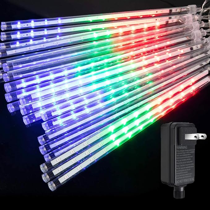 Meteor Shower Lights Outdoor Christmas Lights 24-Tube 576LEDs Snow Falling Rain Cascading Icicle Light for Christmas Tree Decorations Wedding Party Holiday Garden Decor, UL Plug Multi Color