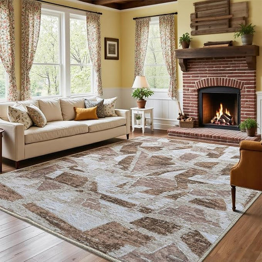 Modern Abstract 8X10 Area Rug for Living Room Bedroom Washable, Non-Slip Rubber Backing Print Faux Wool Thin, Brown Throw Large Carpet for Kids Playroom Dining Room Pet & Child Friendly