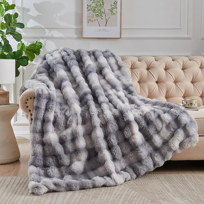 Lotus Karen Faux Fur Blanket - Tie-Dye Gray Twin Size, Big Bubble Rabbit Fluff, Thick Furry Plush Shaggy Blanket for Men, 60x80 Inches
