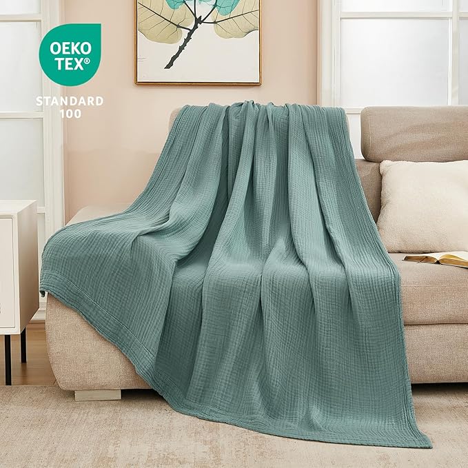 EMME Cotton Blanket Twin XL for Bed Soft Muslin Blankets 66"x90" Lightweight Breathable Layering Bedspread Coverlet All Season Gauze, Teal