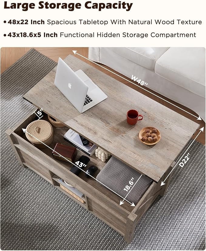 OKD 48" Farmhouse Lift Top Coffee Table with Sliding Barn Door, Rustic Center Table w/Hidden Storage Compartment, Lift Tabletop Dining Table w/Adjustable Shelf for Living Room,Light Rustic Oak