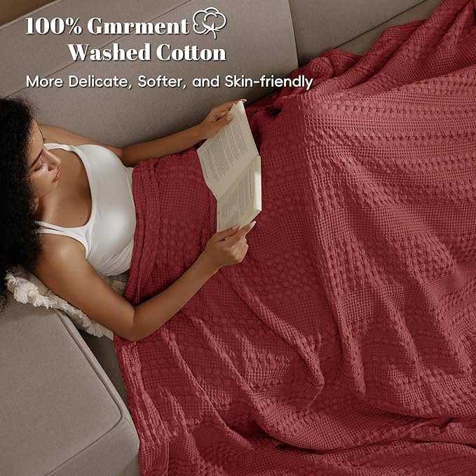 PHF 100% Cotton Waffle Weave Blanket Twin Size, Soft Lightweight Breathable Cozy Summer Blankets for Bed, Luxury Aesthetic Woven Bedding for Home Decor, 66"x90", Wine Red