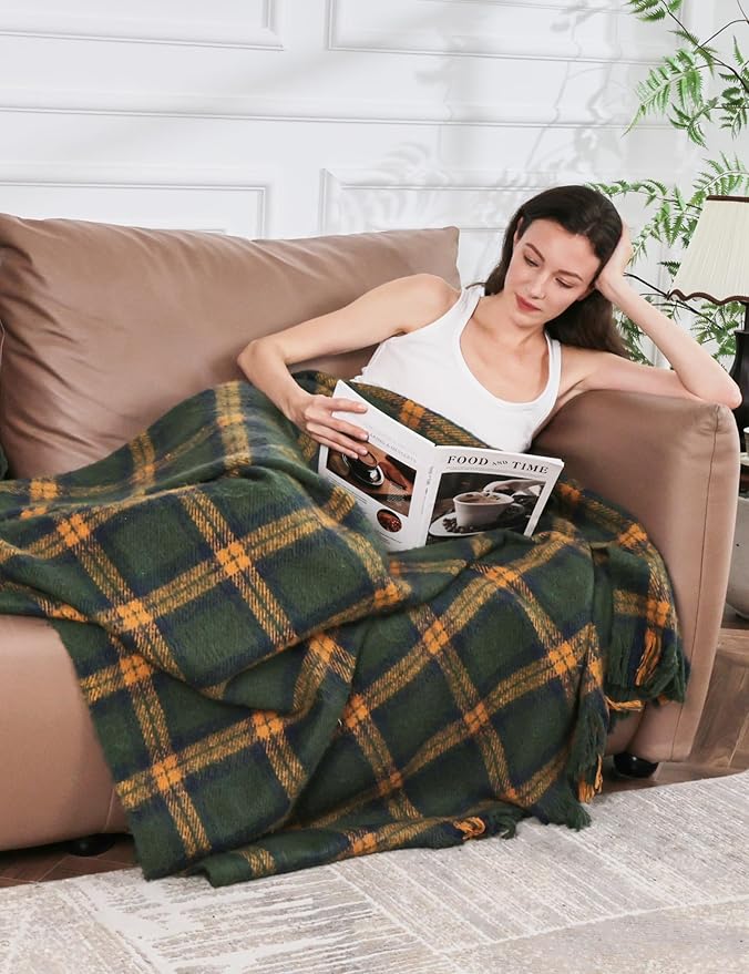 ZonLi Green Plaid Throw Blanket for Couch, Fall Plaid Blanket for Home Decor, Soft Lightweight Cozy All Season Decorative Vintage Blankets with Tassel for Bed and Sofa, 50'' x 60''