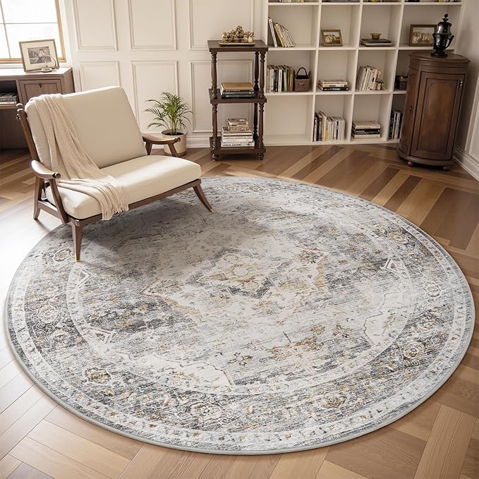 AMOAMI-6FT Round Rug-Rugs for Living Room-Vintage Soft Grey Rugs for Bedroom-Non Slip Circle Rug-Machine Washable Rug for Dining Room Living Room Bedroom Office Under Table