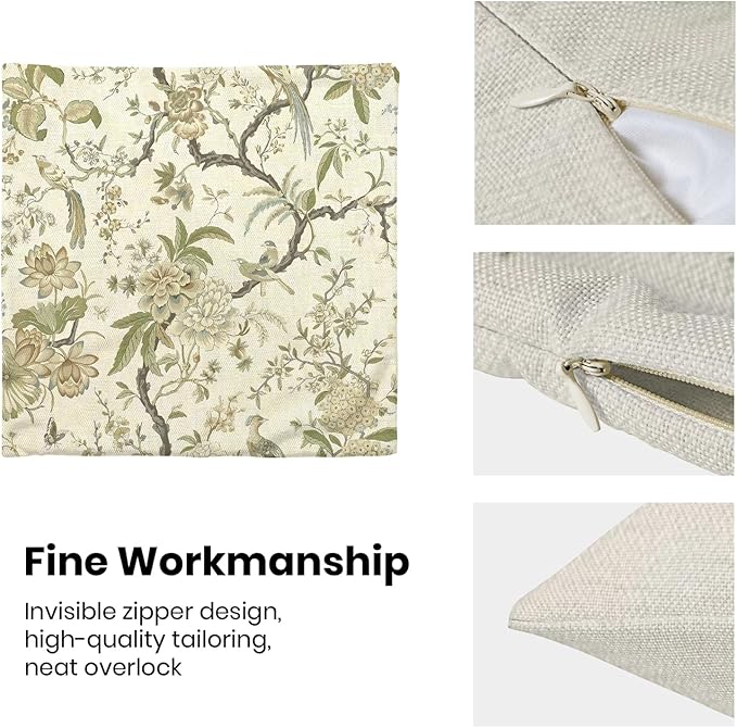 CXMEIFLY Spring Floral Birds Pillow Covers 20 x 20 Inch Set of 2 for Chinoiserie Flowers Decor Throw Pillows Sage Green Plant Outdoor Decorative Cushion Cases for Couch Bed Decorations