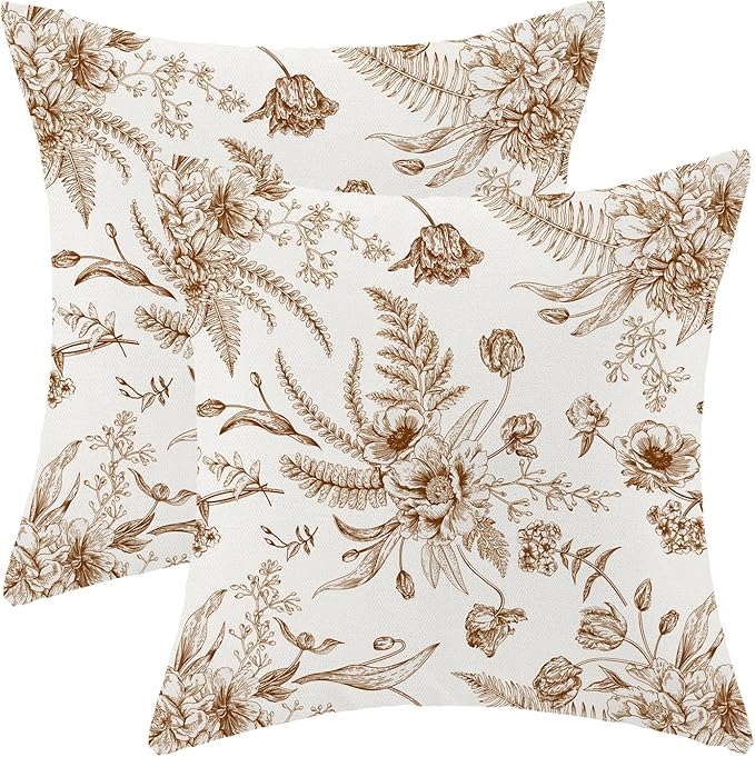 CXMEIFLY Spring Floral Leaves Pillow Covers 20 x 20 Inch Set of 2 for Chinoiserie Flowers Decor Throw Pillows Brown and White Seasonal Plant Outdoor Decorative Cushion Cases for Couch Bed Decorations