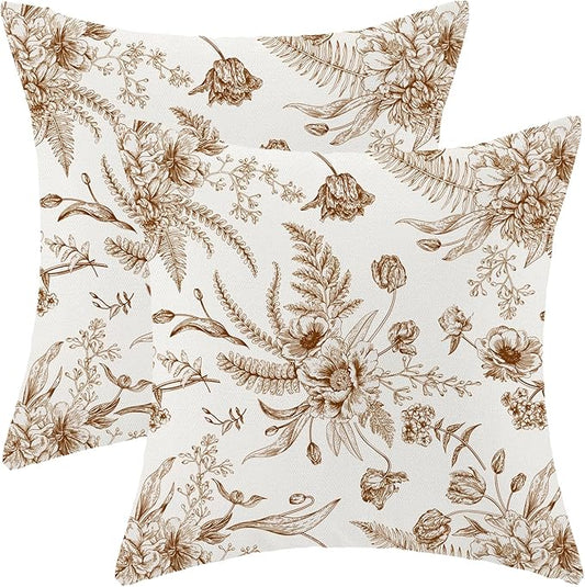 CXMEIFLY Spring Floral Leaves Pillow Covers 22 x 22 Inch Set of 2 for Chinoiserie Flowers Decor Throw Pillows Brown and White Seasonal Plant Outdoor Decorative Cushion Cases for Couch Bed Decorations