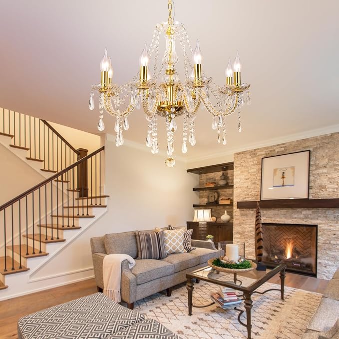 Modern Elegant 8 Lights K9 Crystal Glass Chandelier Golden Pendant Ceiling Lighting European Style for Dining Living Room Bedroom Transparent, 8 E12 Bulbs Required