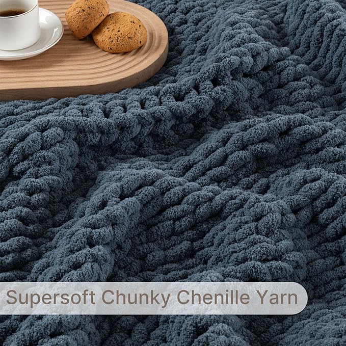 Chunky Knit Blanket Throw, 100% Hand Knit Throw Blanket Handmade Chenille Cable Knit Throw for Couch, Stylish Cozy Soft Rope Knot Crochet Blanket for Home Decor, Blue Mirage, 40x50 Inches