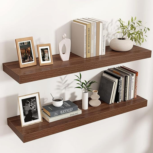 Floating Shelves - 2 Large Wall Mounted Shelves with Invisible Brackets, Long Walnut Wood Floating Wall Shelf for Living Room, Bedroom, Kitchen (36" W x 9" D x 1.5" H)